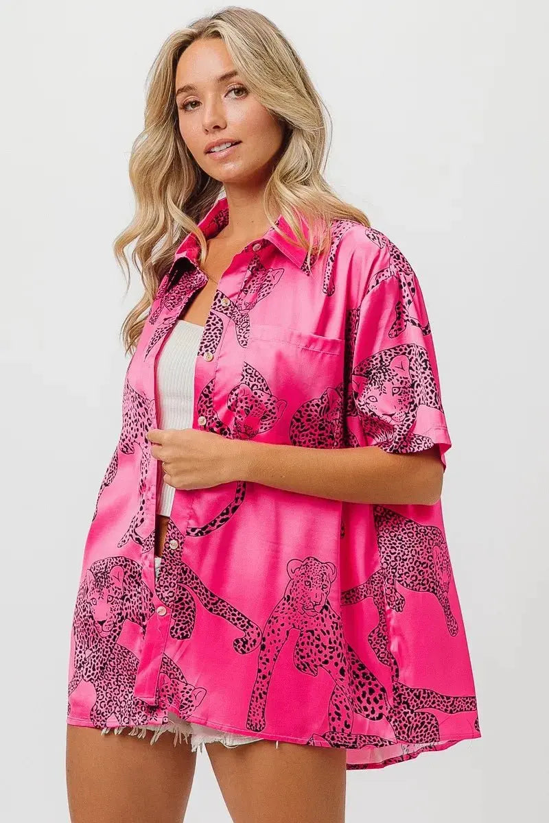 BiBi Leopard Print Short Sleeve Silky Satin Shirt Top - Love Salve